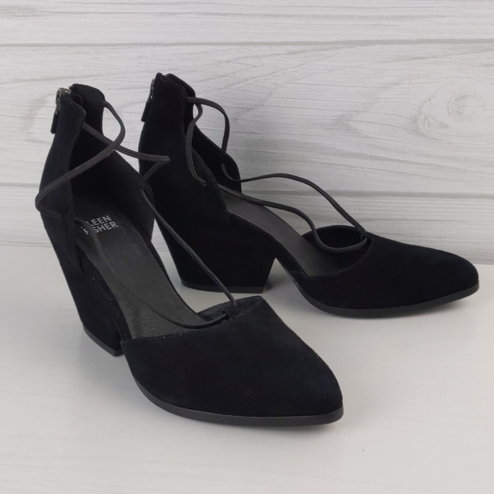 Eileen Fisher Suede Rope Ghillie Lace Block Heels
